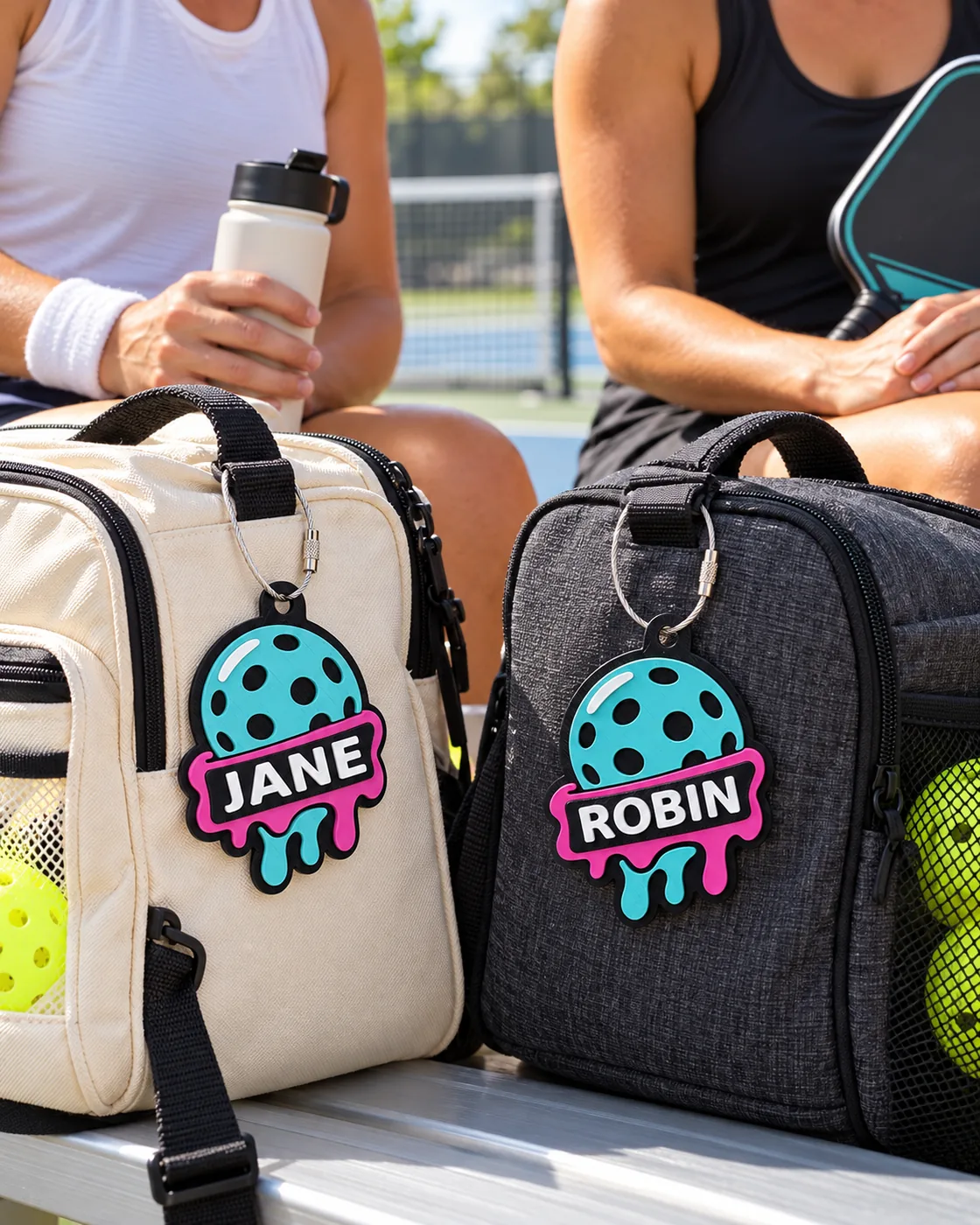 Two pickleball players with personalized Rally Melt tags on their bags