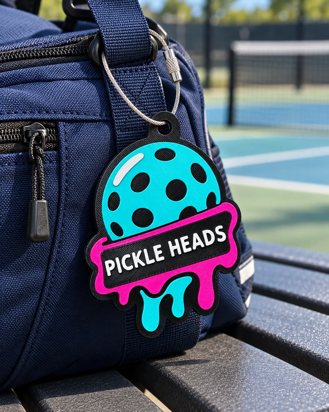 Rally Melt tag personalized with PICKLE HEADS on a blue courtside bag