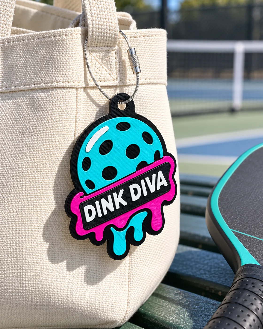 DINK DIVA Rally Melt tag attached to a light courtside tote