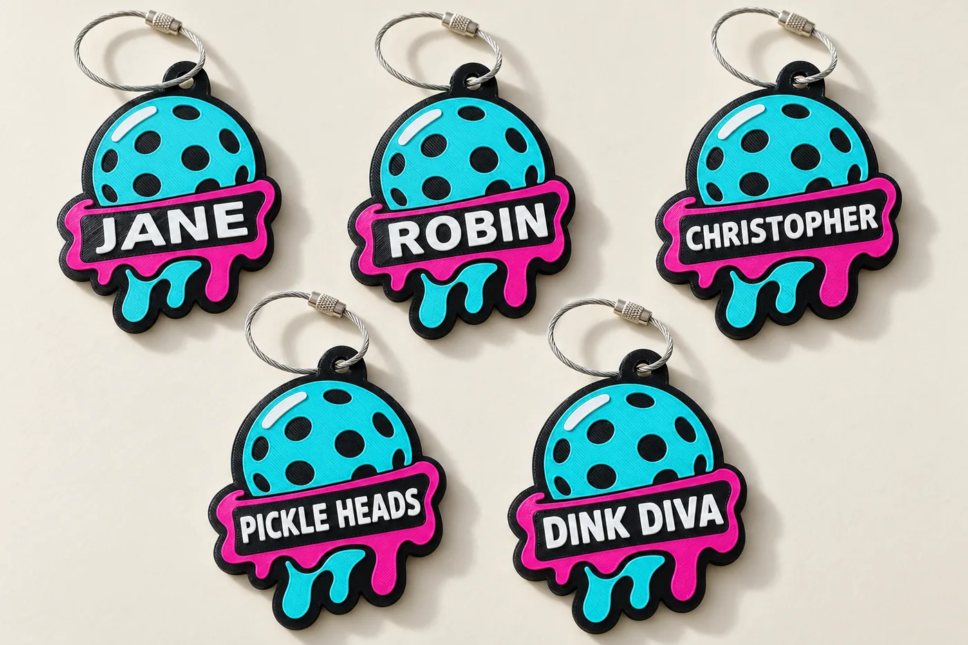 Five Rally Melt tag examples with names and pickleball nicknames