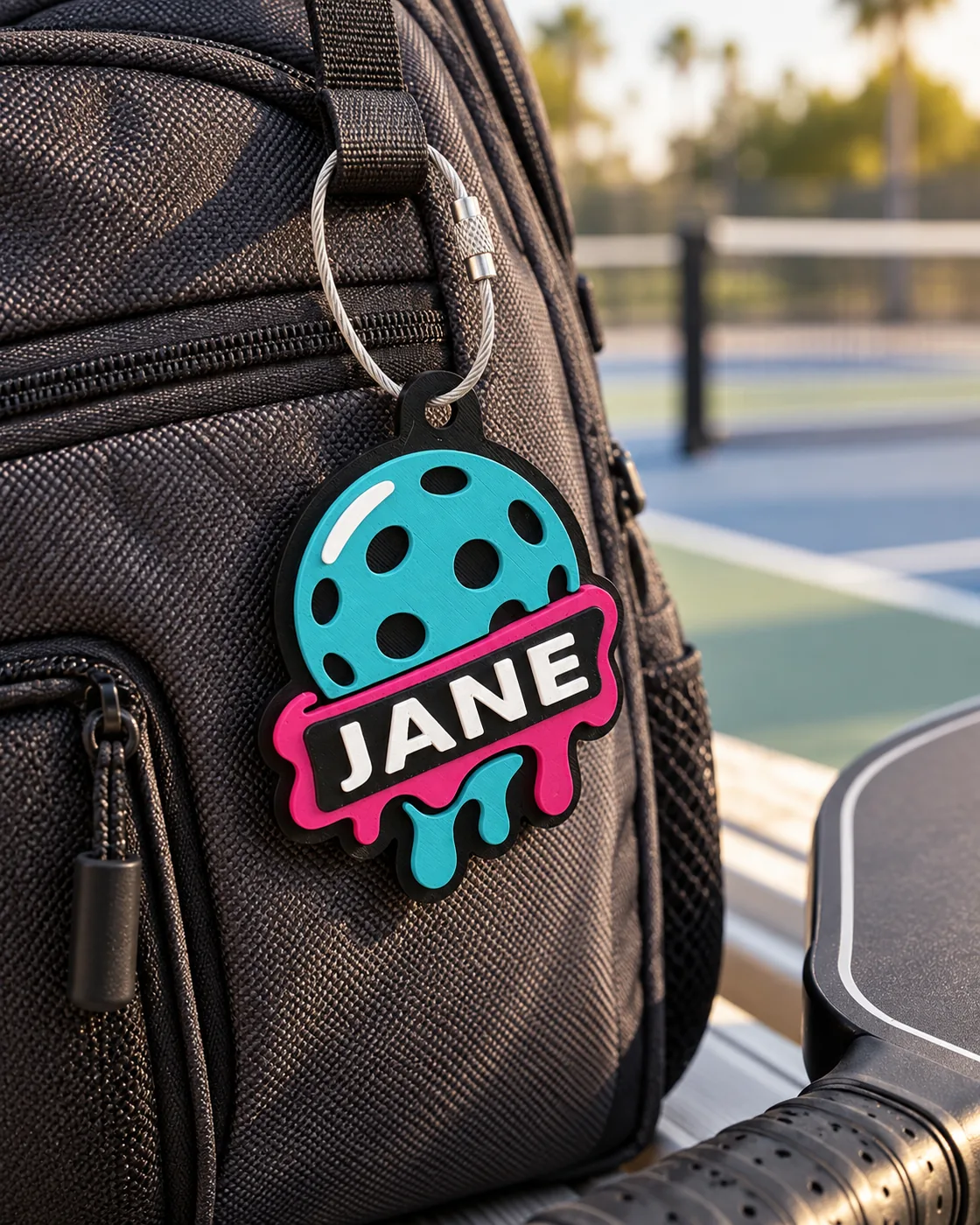 Rally Melt tag personalized with JANE hanging from a black pickleball backpack