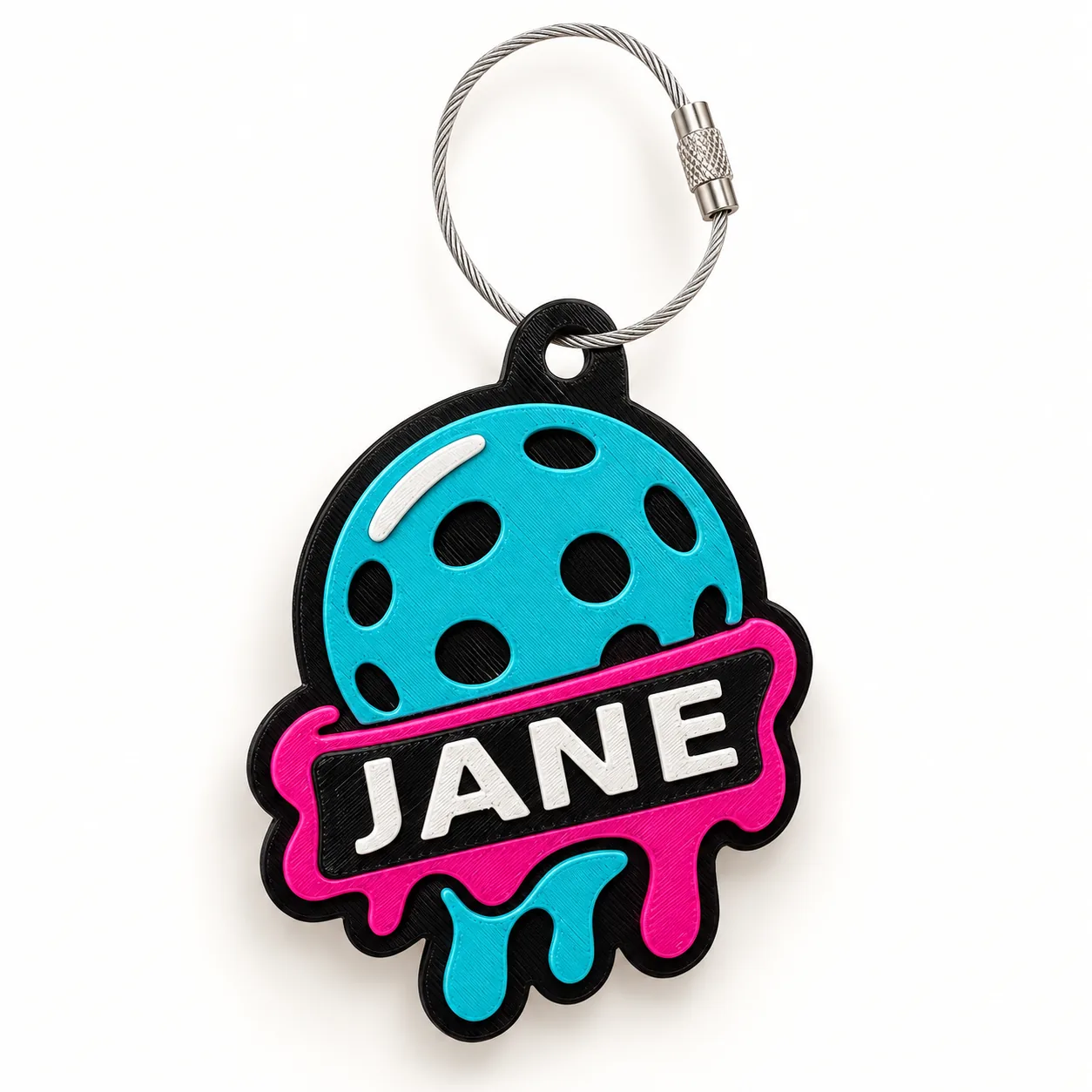Rally Melt tag personalized with JANE on a light studio background