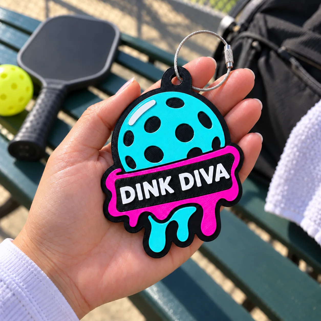 DINK DIVA Rally Melt tag held beside a pickleball bag and paddle